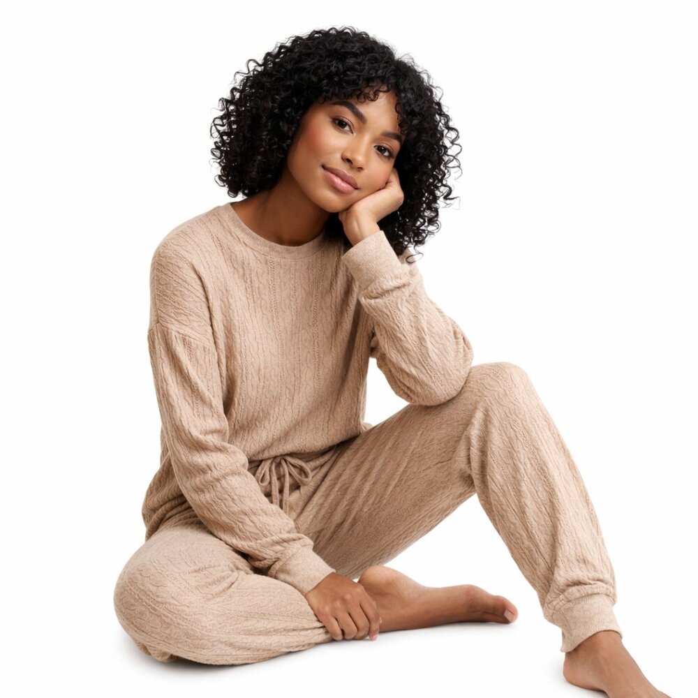 NEW State of Day M Cable Knit Jogger Pajama Set Cave Neutral